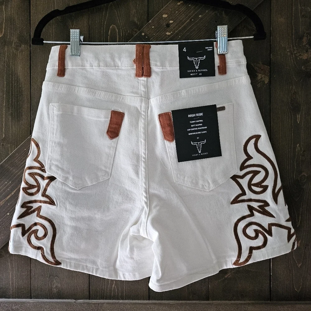NEW LUCKY & BLESSED Ivory Embroidered Denim Shorts W/ Brown Western Boot-stitch